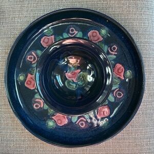 Susan deMay Signed ‘Floral’ Blue, Pink & Green 2-Piece Ceramic Chip & Dip Set